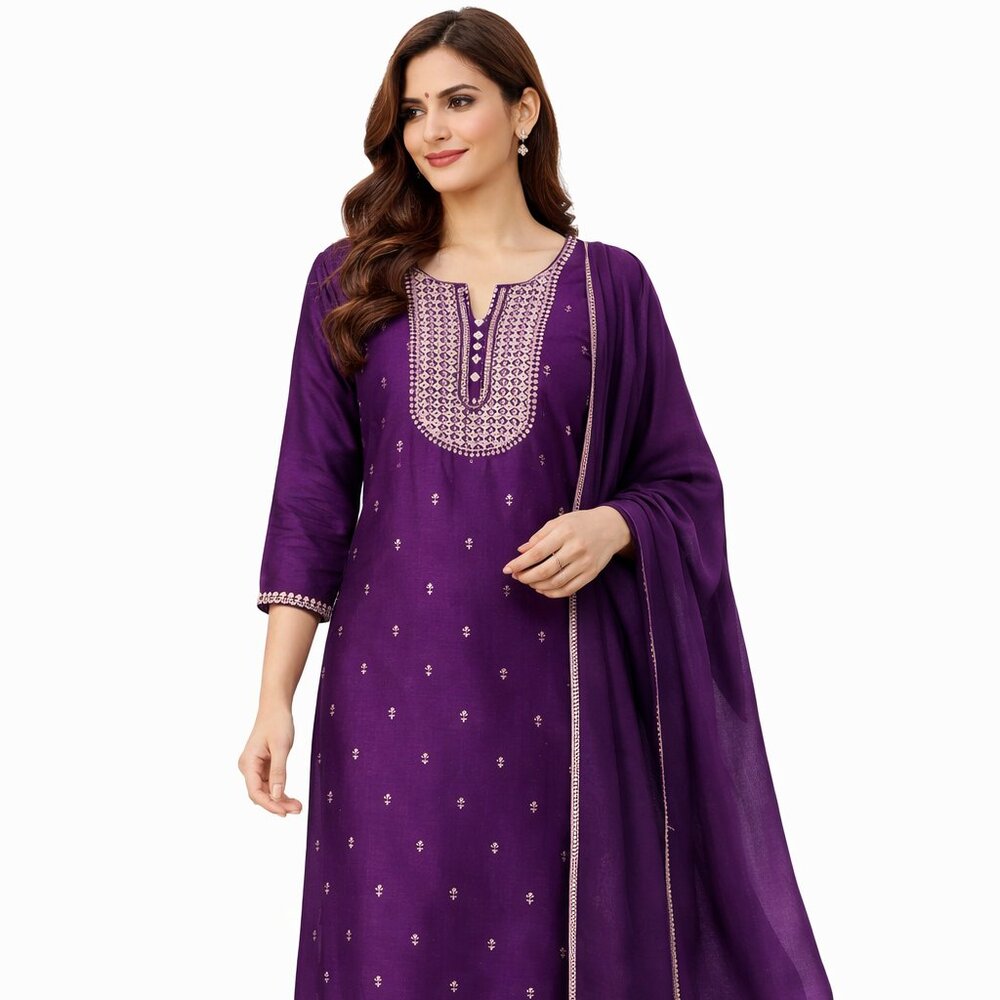 Majestic Eggplant Purple Silk-Blend Embroidered Kurta Set